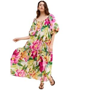 Farm Rio Puff Sleeve Floral Maxi Dress Pink Green Tropical Print NWT $295‎ M